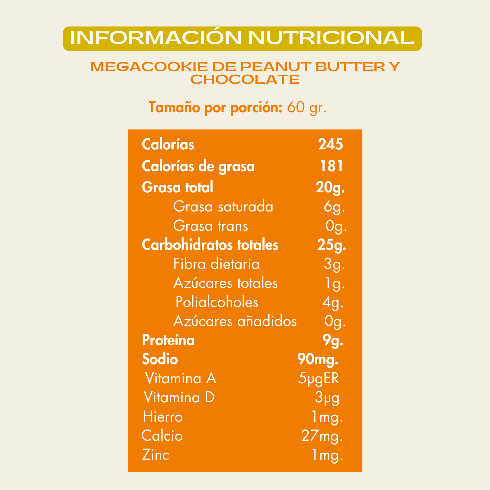 Info nutricional Galleta de mantequilla de maní y chocolate