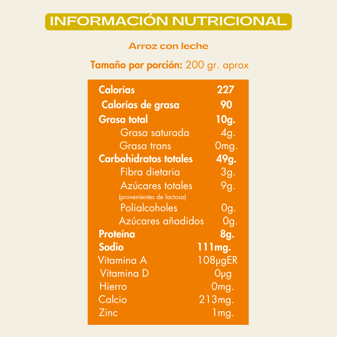 Informacion nutricional arroz con leche