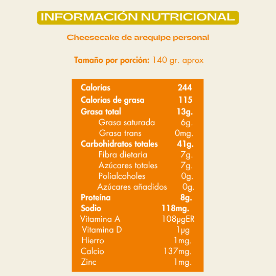 Info nutricional cheesecake arequipe