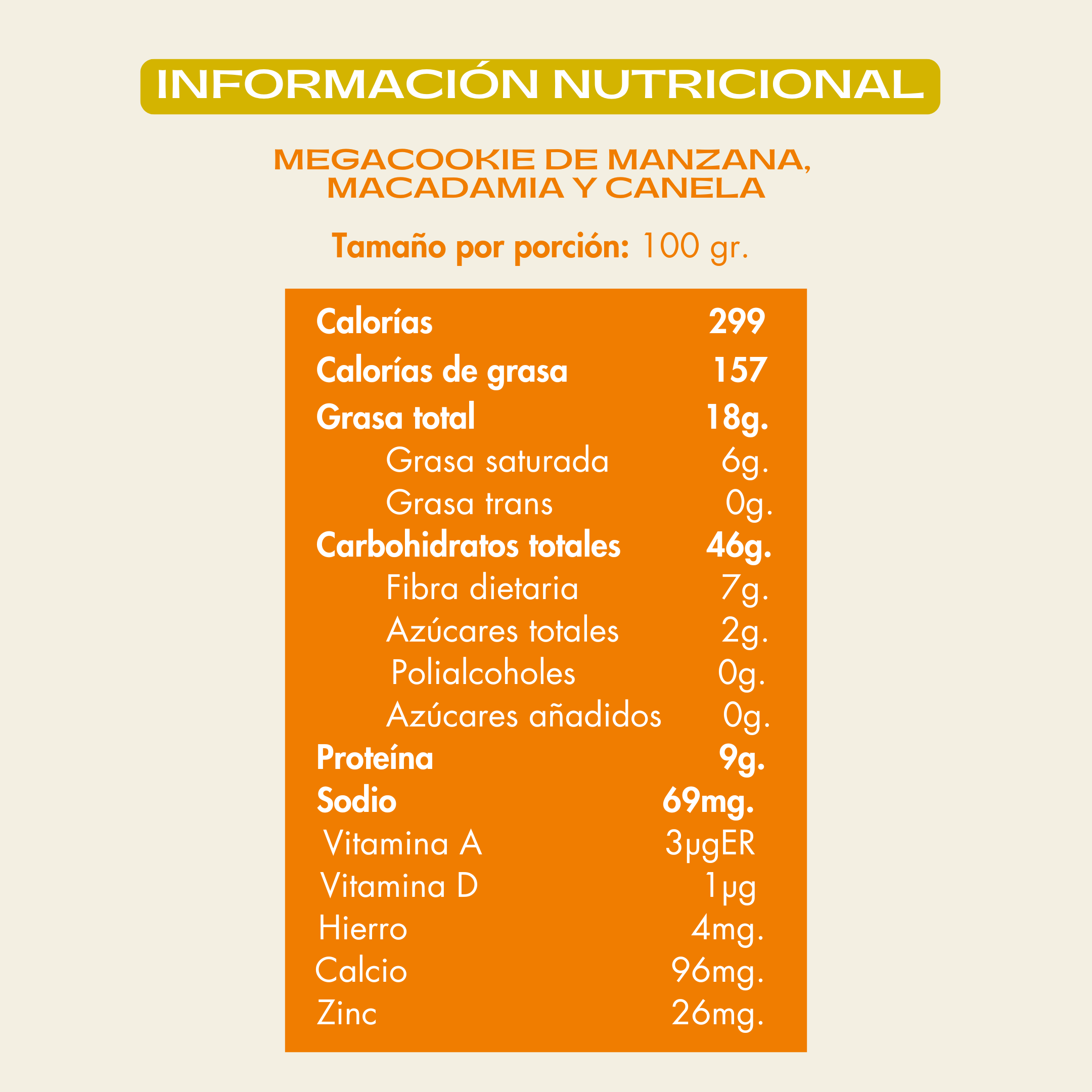 Info nutricional Galleta de manzana macadamia canela