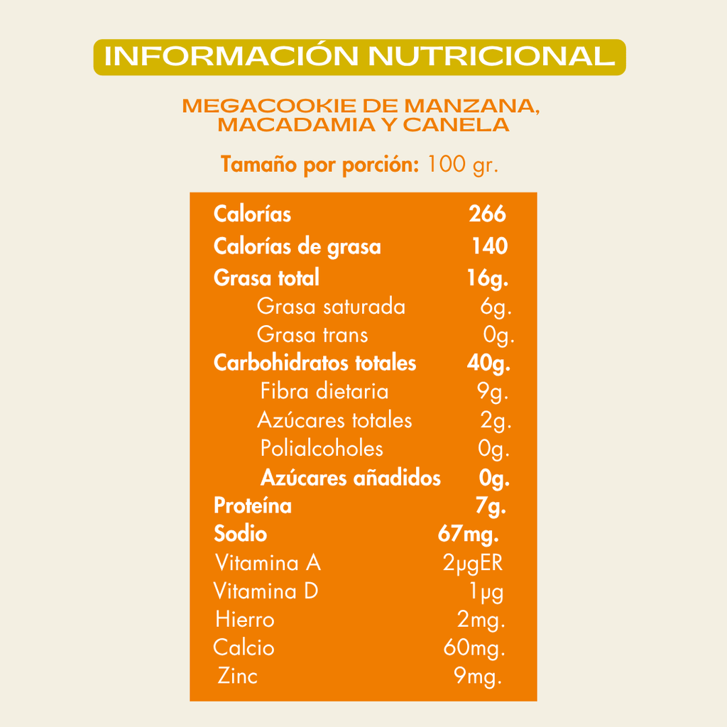 info nutricional galleta de manzana macadamia y canela