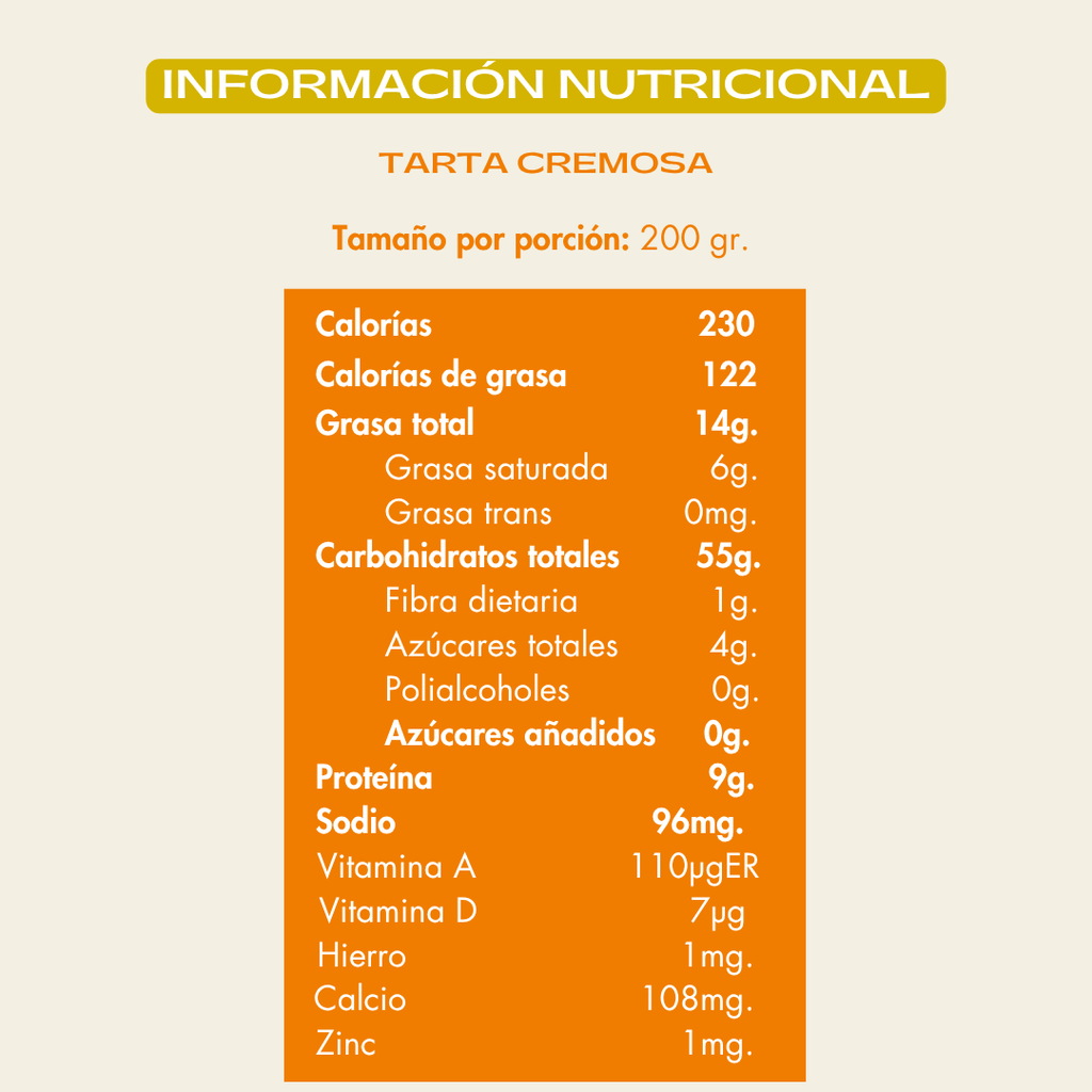 Info nutricional tarta cremosa personal