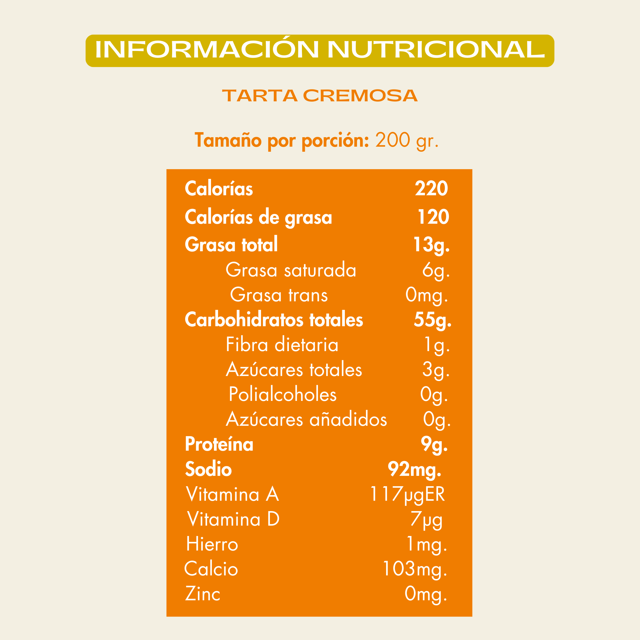 Info nutricional tarta cremosa personal